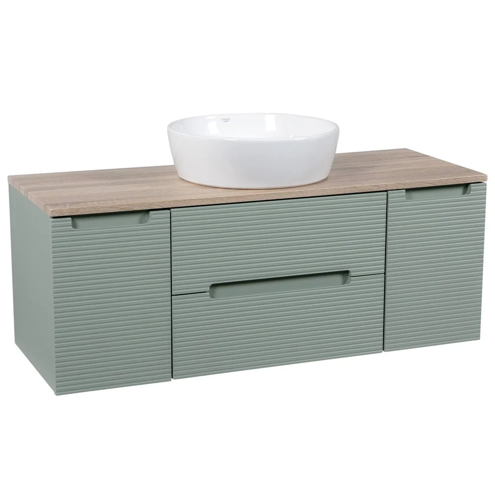 Astini Monza Plus 1200mm Aloe Green/Contry Oak Fluted Wall Hung Vanity Unit With 2 Side Cabinets & Counter Top - Image 2