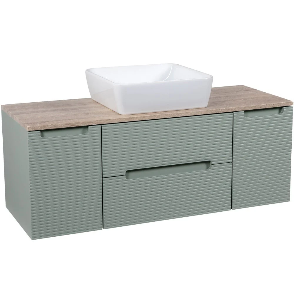 Astini Monza Plus 1200mm Aloe Green/Contry Oak Fluted Wall Hung Vanity Unit With 2 Side Cabinets & Counter Top - Image 3
