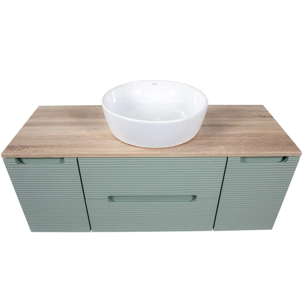 Astini Monza Plus 1200mm Aloe Green/Contry Oak Fluted Wall Hung Vanity Unit With 2 Side Cabinets & Counter Top - Image 4