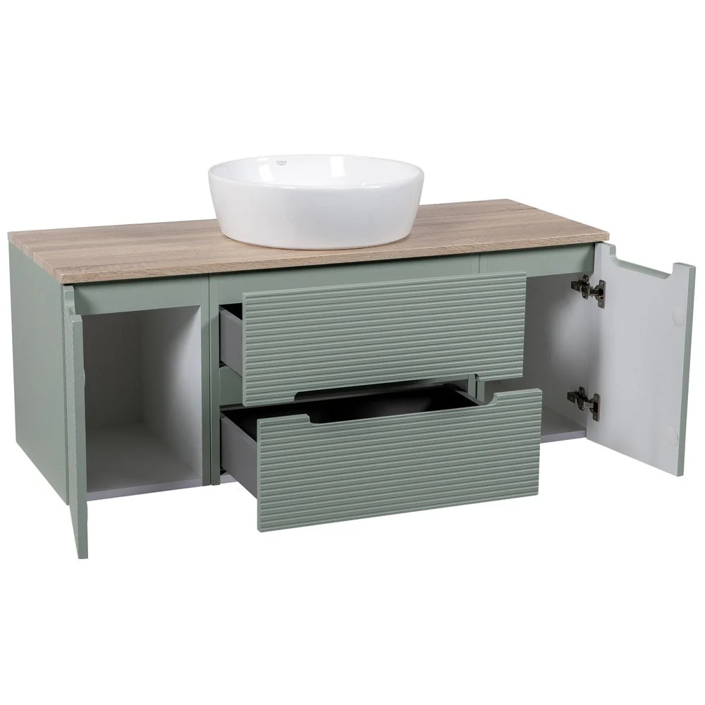 Astini Monza Plus 1200mm Aloe Green/Contry Oak Fluted Wall Hung Vanity Unit With 2 Side Cabinets & Counter Top - Image 5