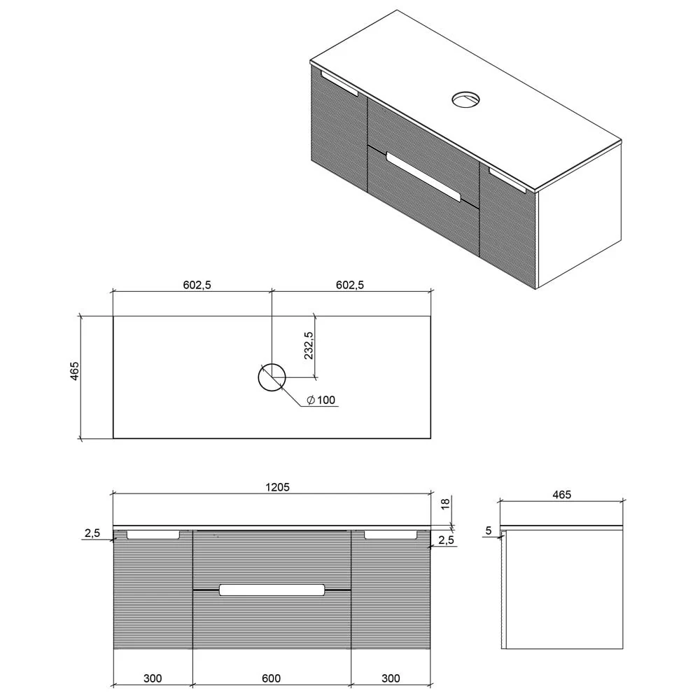 Astini Monza Plus 1200mm Aloe Green/Contry Oak Fluted Wall Hung Vanity Unit With 2 Side Cabinets & Counter Top - Image 6