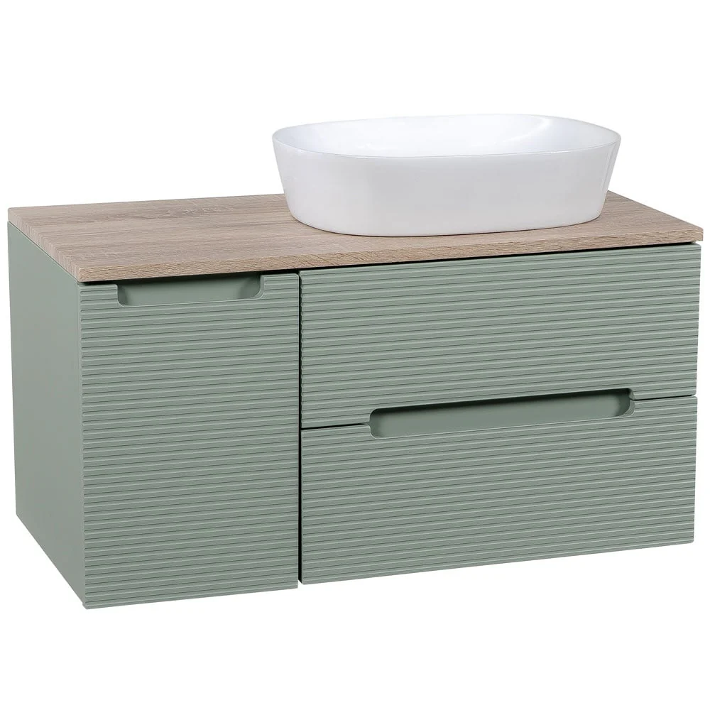 Astini Monza Plus 900mm Aloe Green/Contry Oak Fluted Wall Hung Vanity Unit With Side Cabinets & Counter Top - Image 2