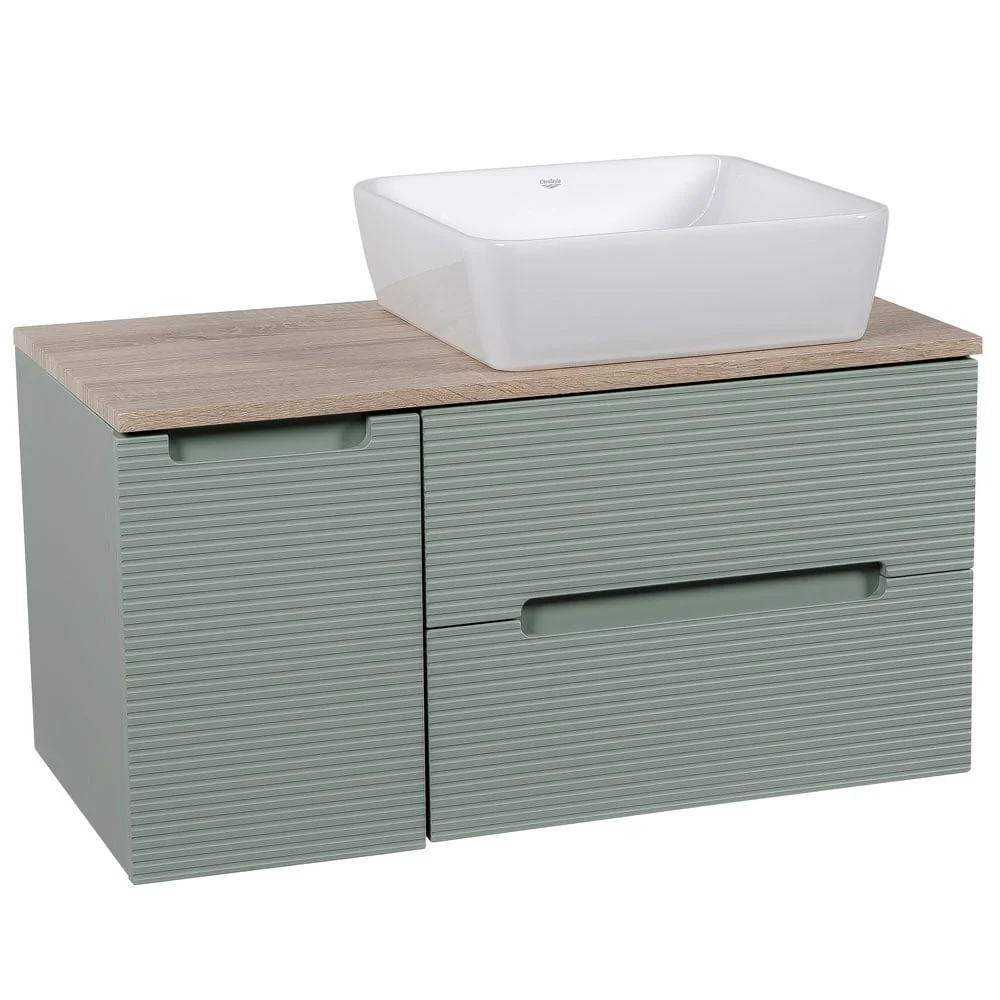 Astini Monza Plus 900mm Aloe Green/Contry Oak Fluted Wall Hung Vanity Unit With Side Cabinets & Counter Top - Image 3