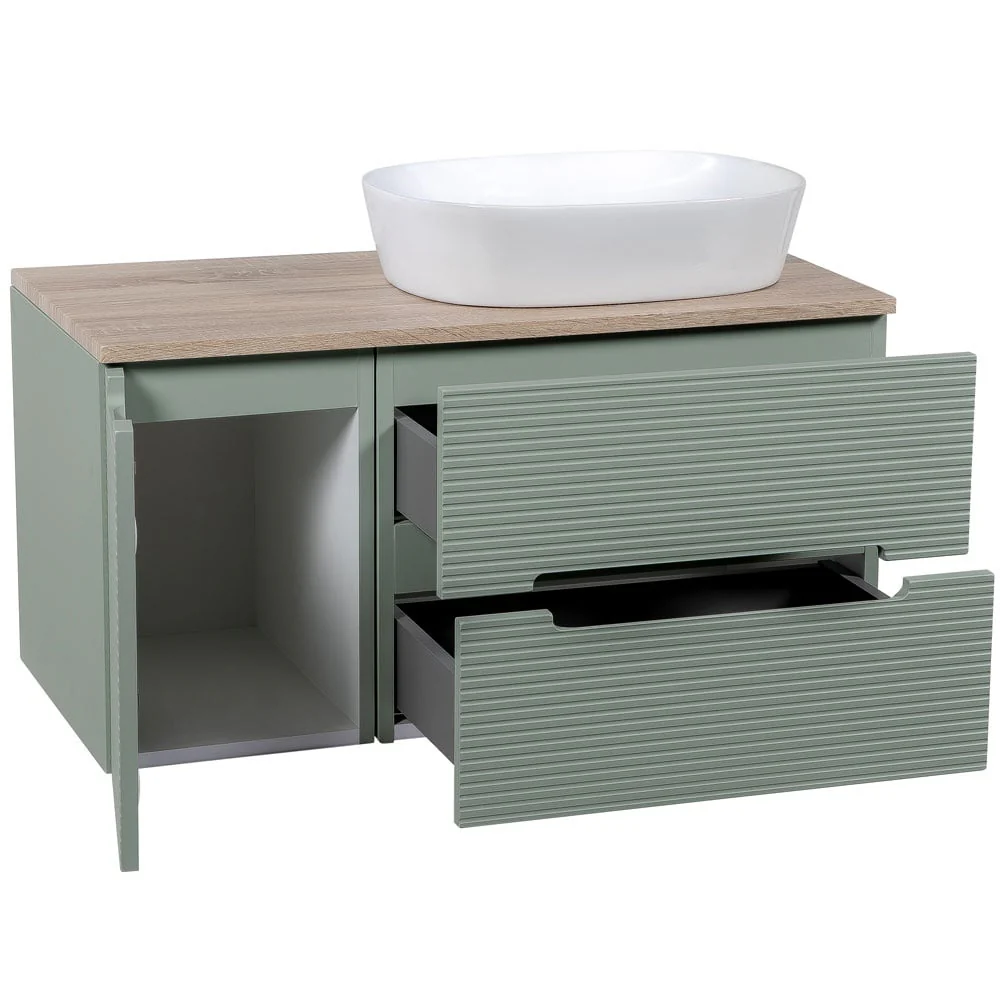 Astini Monza Plus 900mm Aloe Green/Contry Oak Fluted Wall Hung Vanity Unit With Side Cabinets & Counter Top - Image 4