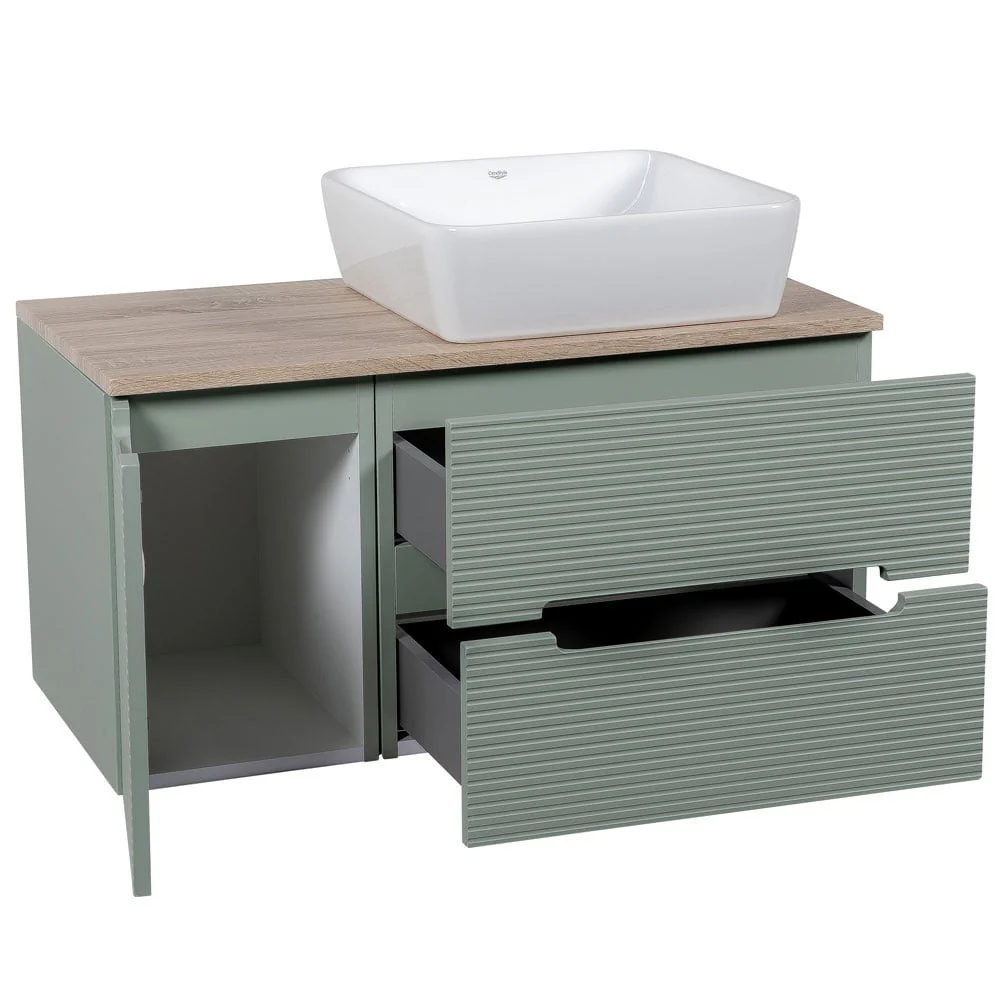 Astini Monza Plus 900mm Aloe Green/Contry Oak Fluted Wall Hung Vanity Unit With Side Cabinets & Counter Top - Image 5