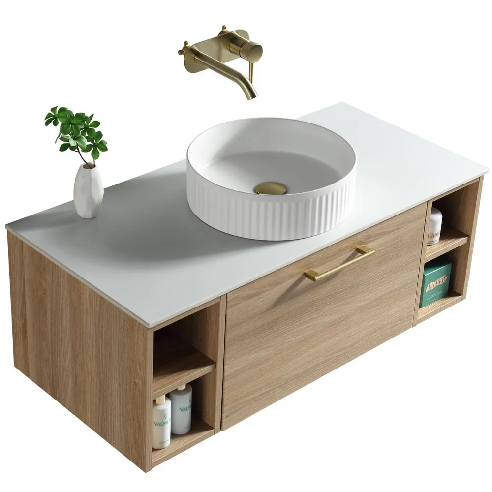 Astini Piatta 1000mm Country Oak Wall Hung 2 Side Storage Vanity Unit With Counter Top - Image 3