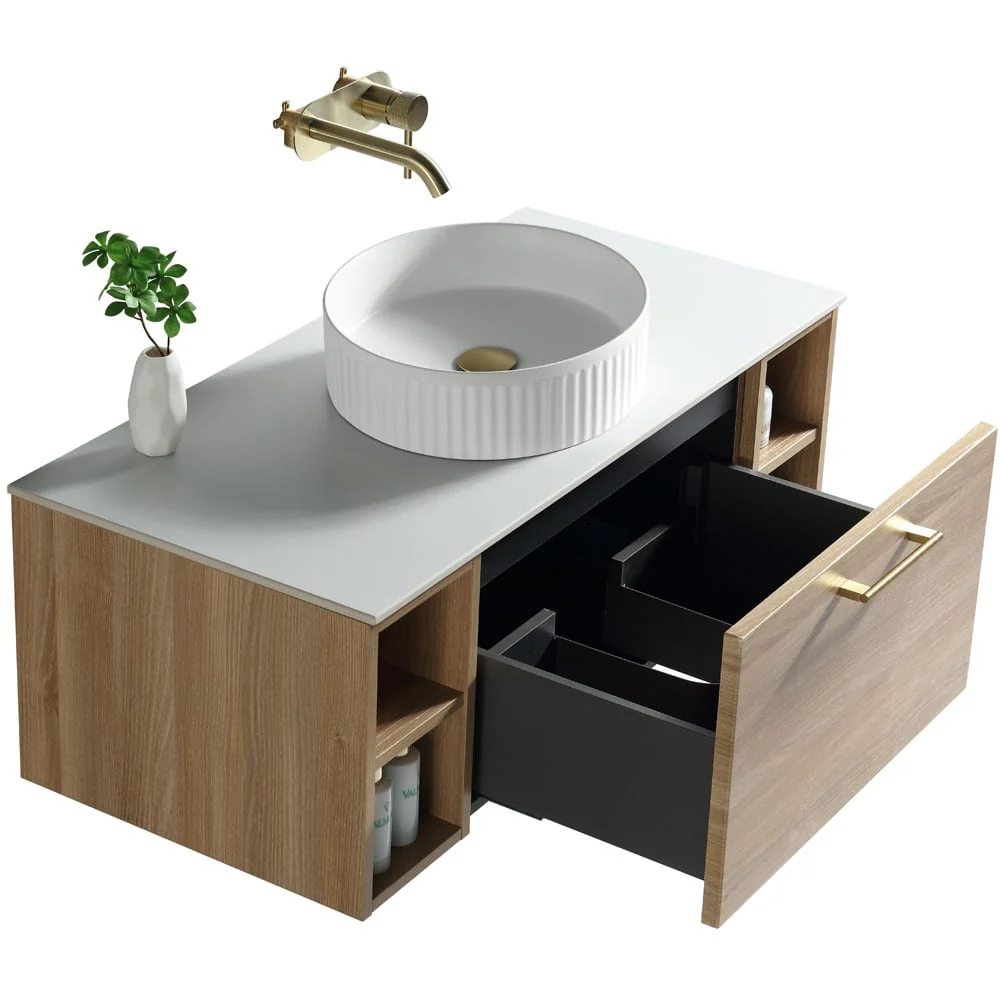 Astini Piatta 1000mm Country Oak Wall Hung 2 Side Storage Vanity Unit With Counter Top - Image 4