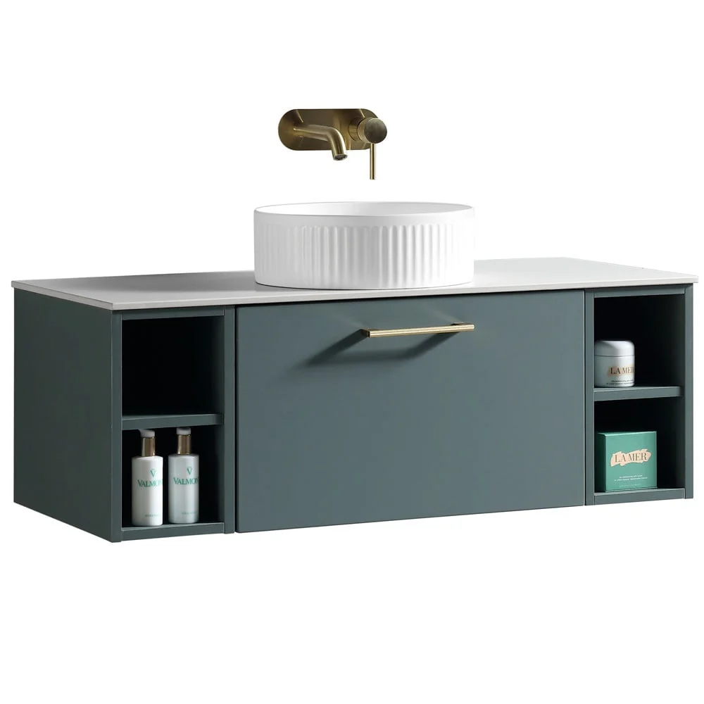 Astini Piatta 1000mm Smoked Sage Wall Hung 2 Side Storage Vanity Unit With Counter Top - Image 2
