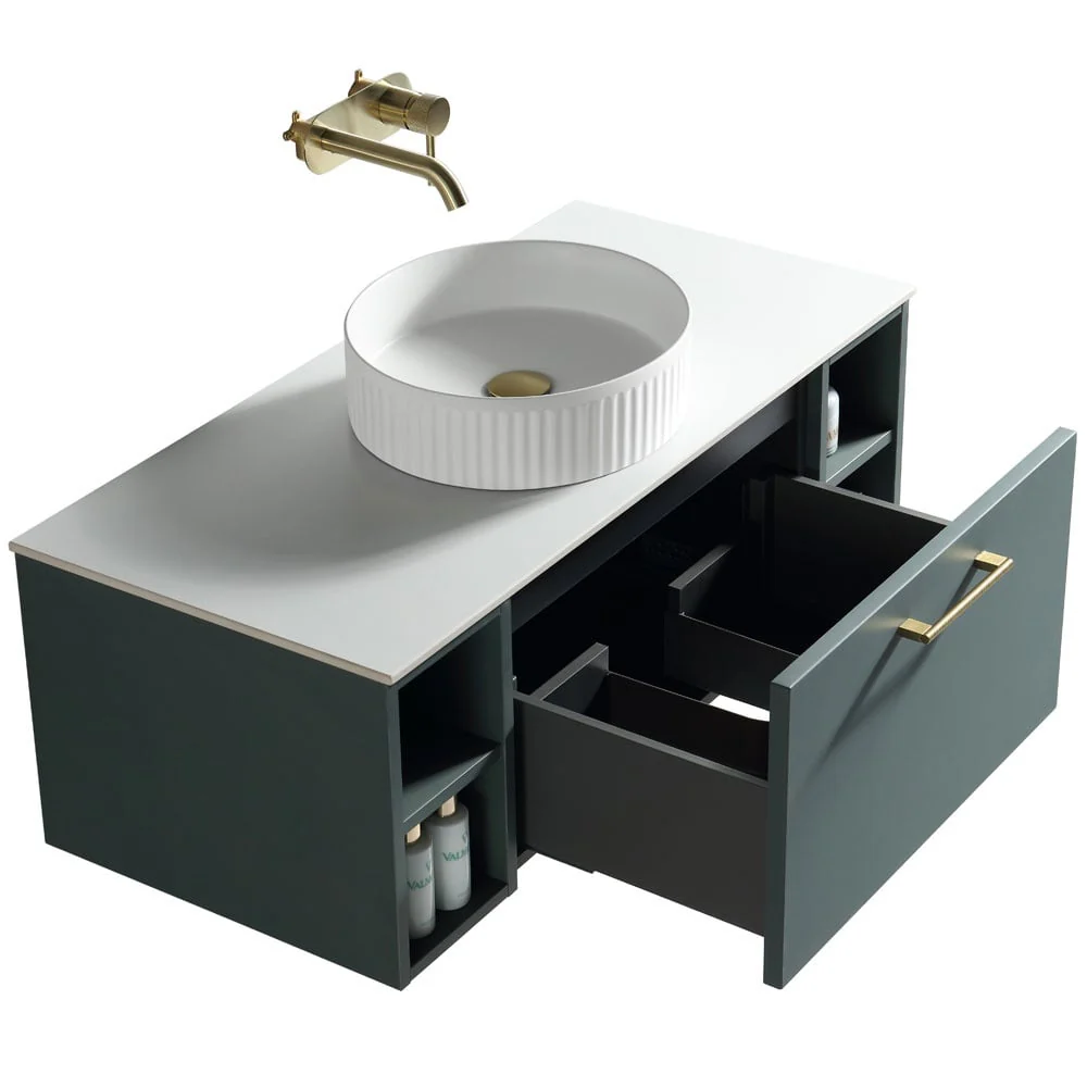 Astini Piatta 1000mm Smoked Sage Wall Hung 2 Side Storage Vanity Unit With Counter Top - Image 4