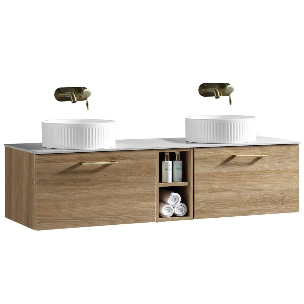 Astini Piatta 1400mm Country Oak Wall Hung Double Vanity W/ Storage Box & Counter Top - Image 2