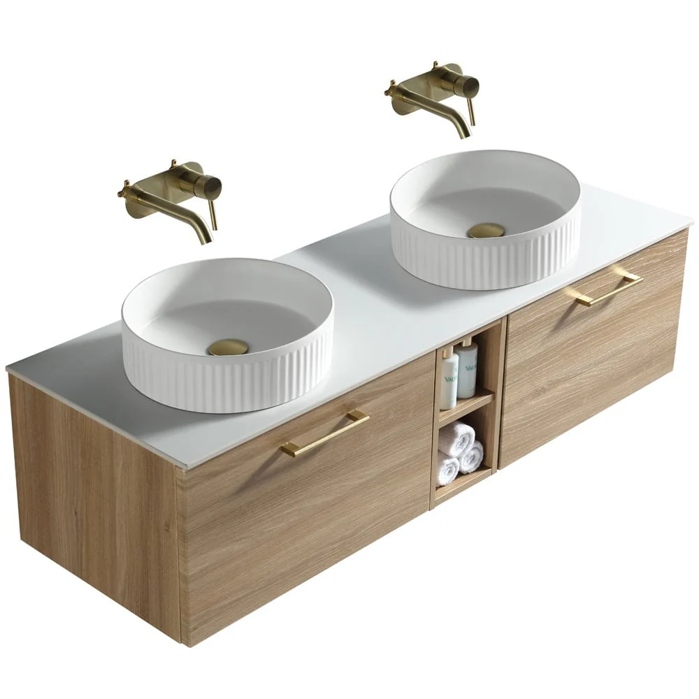 Astini Piatta 1400mm Country Oak Wall Hung Double Vanity W/ Storage Box & Counter Top - Image 3