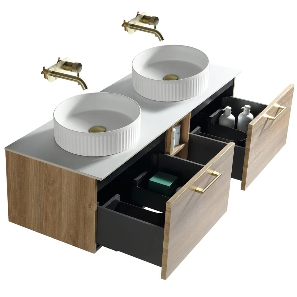Astini Piatta 1400mm Country Oak Wall Hung Double Vanity W/ Storage Box & Counter Top - Image 4
