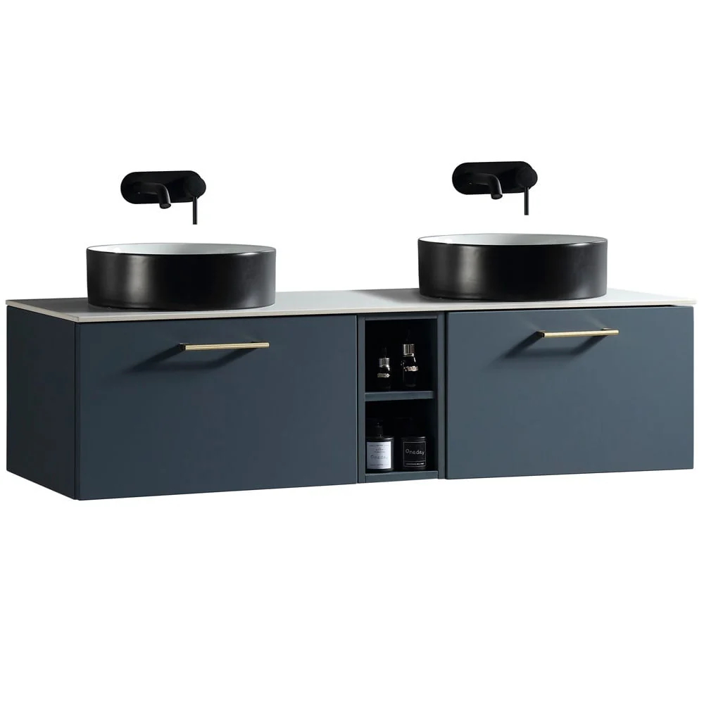 Astini Piatta 1400mm Midnight Shadow Wall Hung Double Vanity W/ Storage Box & Counter Top - Image 2