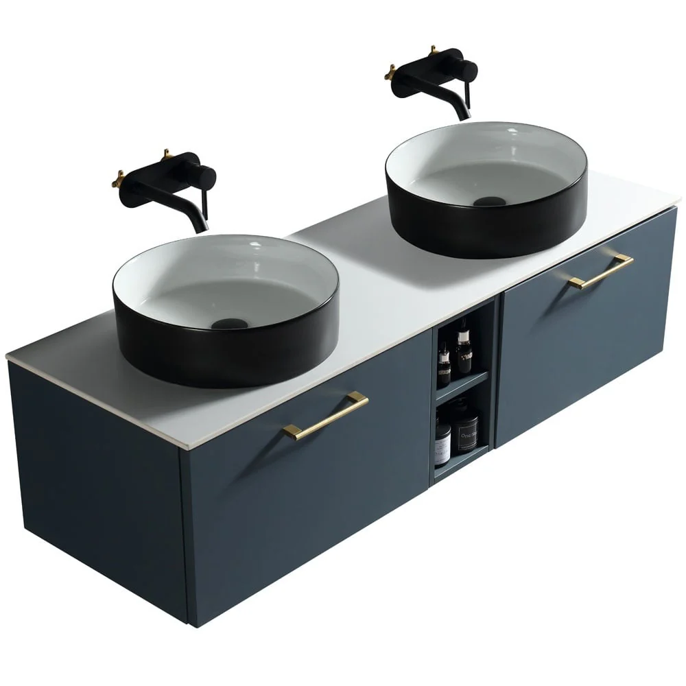 Astini Piatta 1400mm Midnight Shadow Wall Hung Double Vanity W/ Storage Box & Counter Top - Image 3