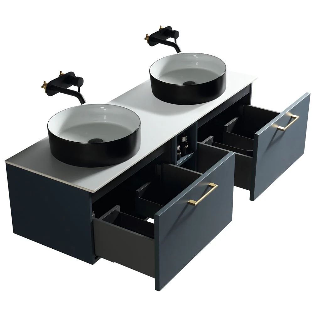 Astini Piatta 1400mm Midnight Shadow Wall Hung Double Vanity W/ Storage Box & Counter Top - Image 4