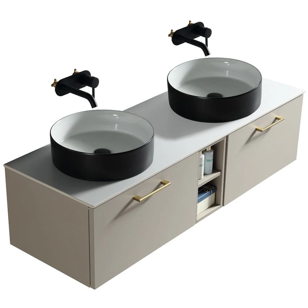 Astini Piatta 1400mm Soft Coffee Wall Hung Double Vanity W/ Storage Box & Counter Top - Image 3