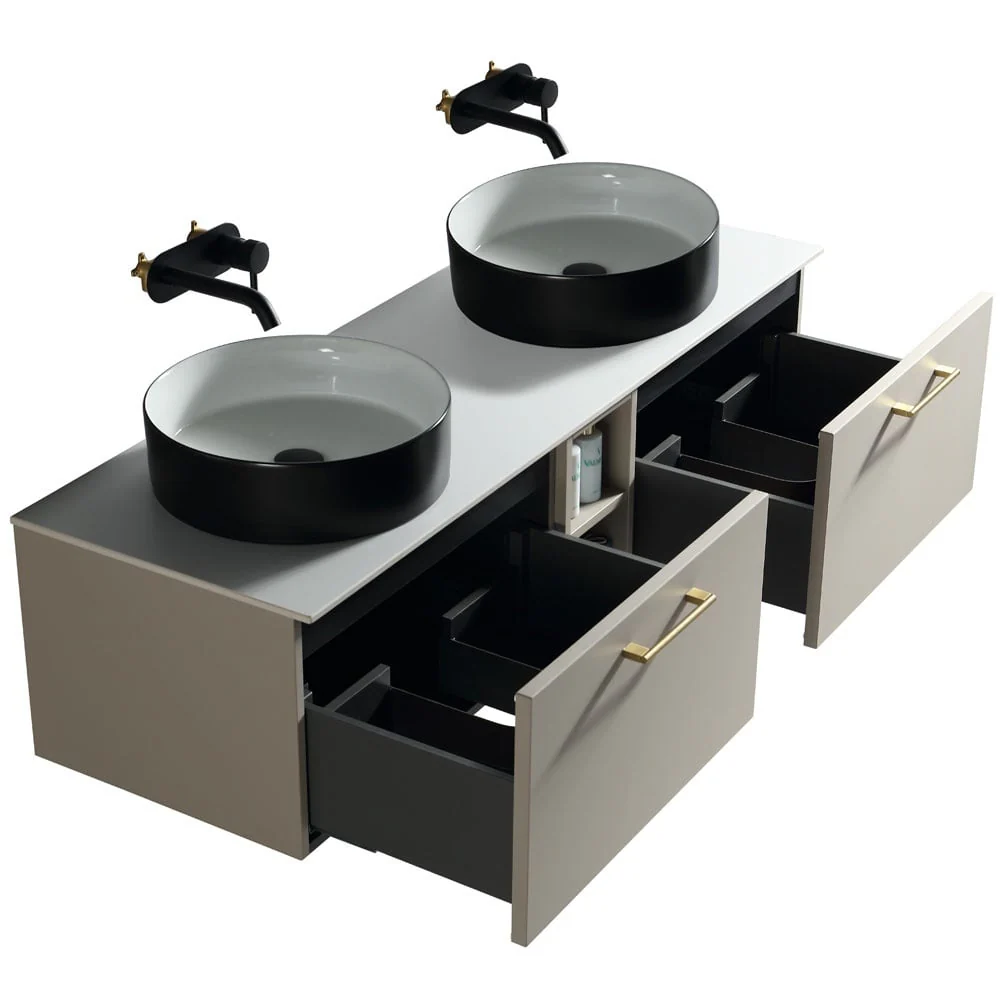 Astini Piatta 1400mm Soft Coffee Wall Hung Double Vanity W/ Storage Box & Counter Top - Image 4