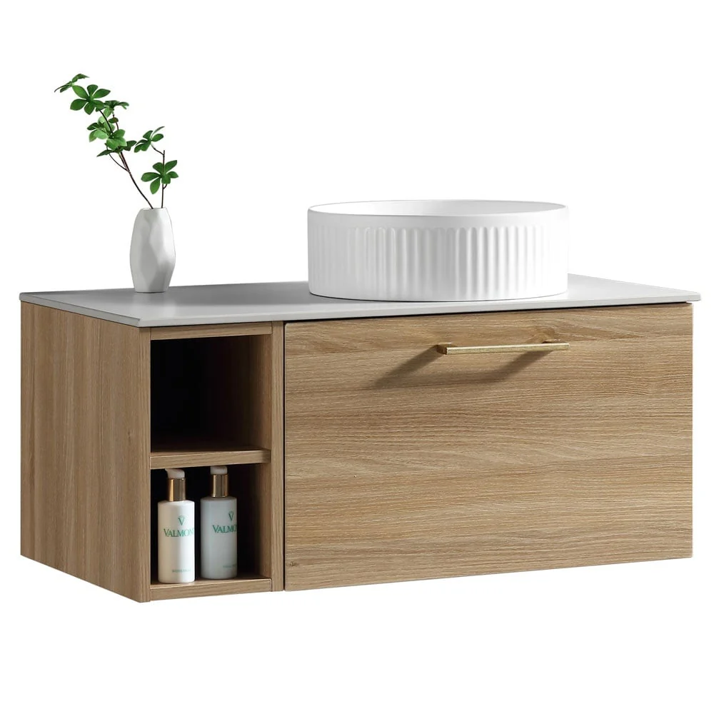 Astini Piatta 800mm Country Oak Wall Hung Right Hand Side Storage Vanity Unit With Counter Top - Image 2