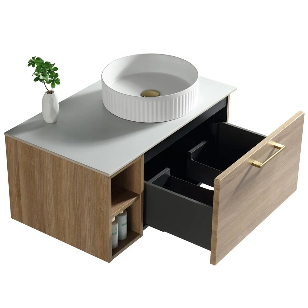 Astini Piatta 800mm Country Oak Wall Hung Right Hand Side Storage Vanity Unit With Counter Top - Image 3