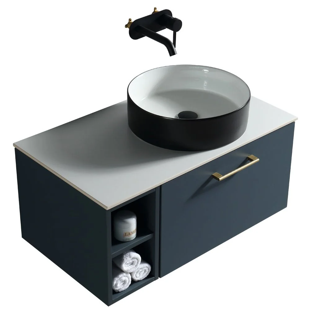 Astini Piatta 800mm Midnight Shadow Wall Hung Right Hand Side Storage Vanity Unit With Counter Top - Image 3