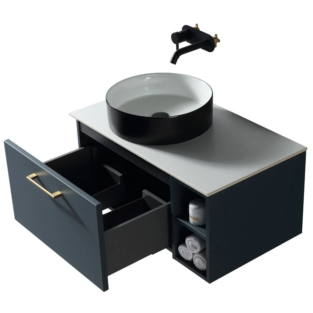 Astini Piatta 800mm Midnight Shadow Wall Hung Vanity W/ LH Side Storage & Counter Top - Image 2