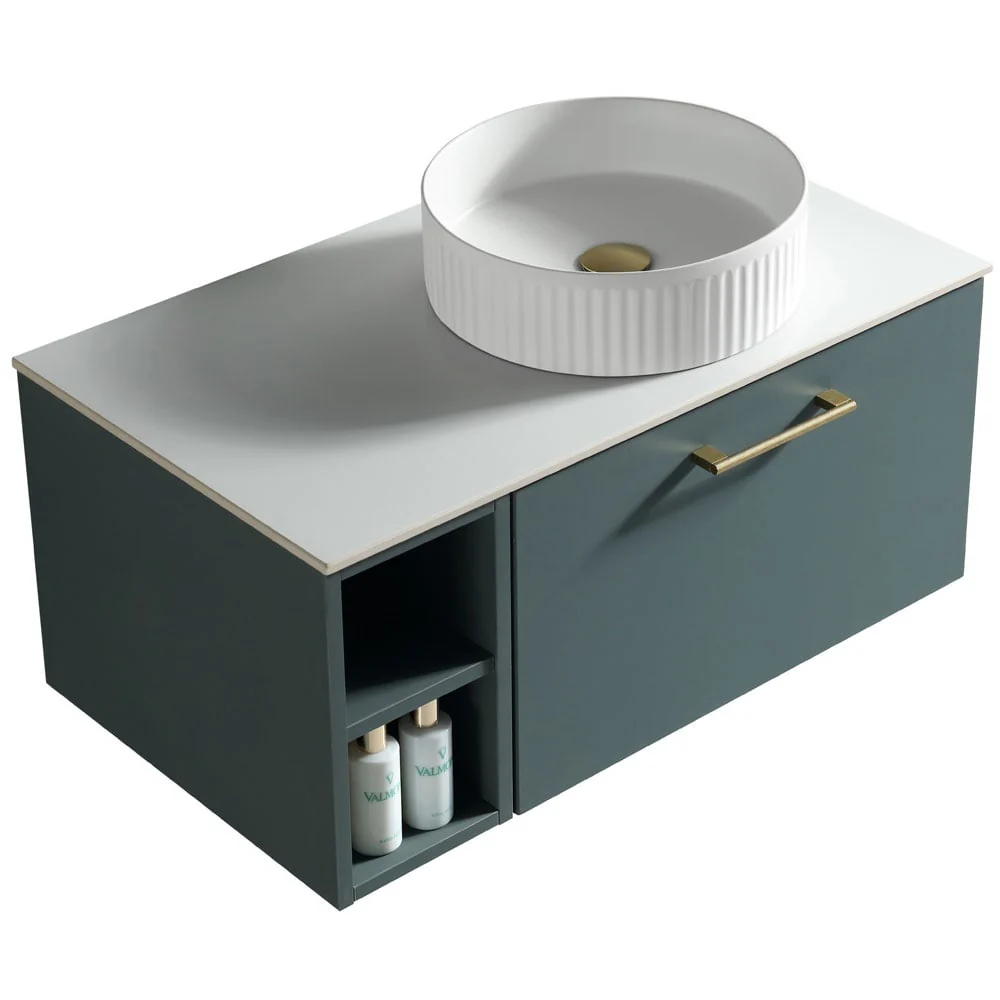 Astini Piatta 800mm Smoked Sage Wall Hung Right Hand Side Storage Vanity Unit With Counter Top - Image 2