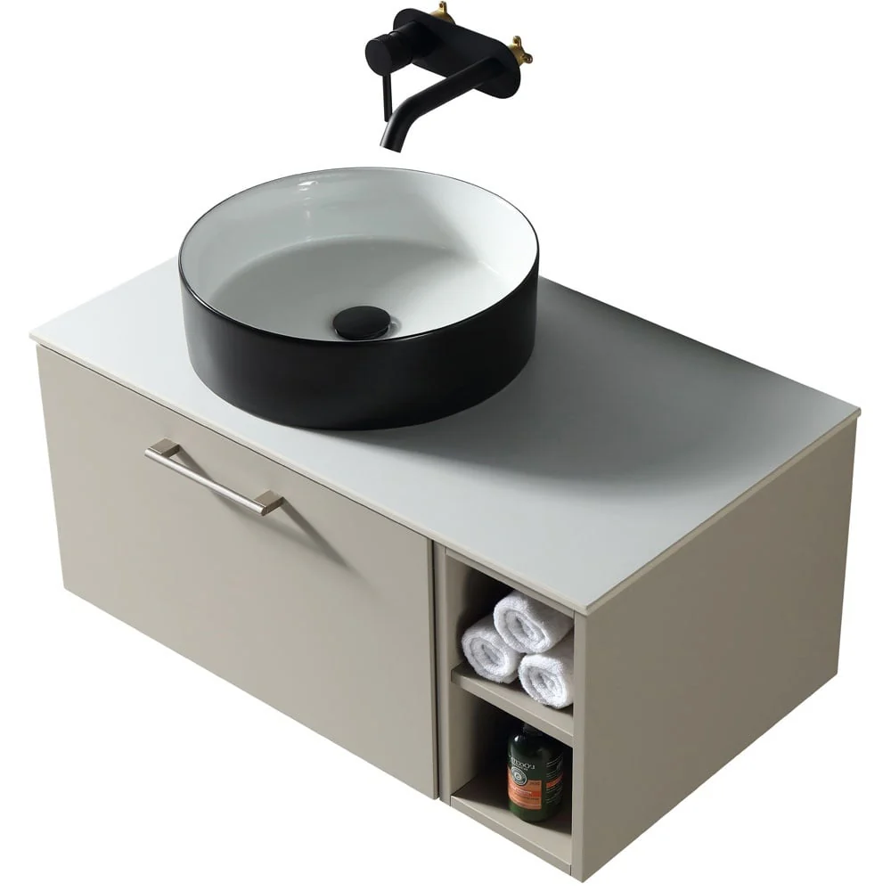 Astini Piatta 800mm Soft Coffee Wall Hung Vanity W/ LH Side Storage & Counter Top - Image 5