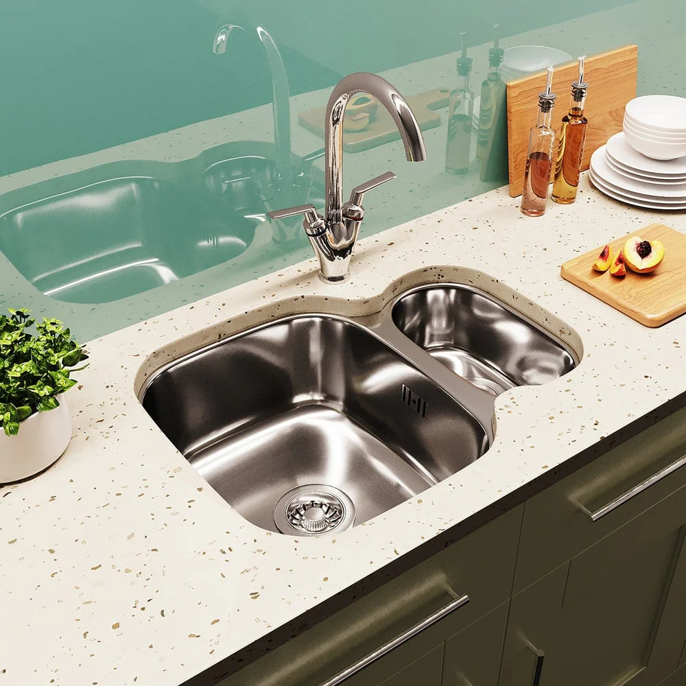 Astini Renzo 1.5 Bowl Brushed Stainless Steel Undermount Kitchen Sink & Waste - Image 2