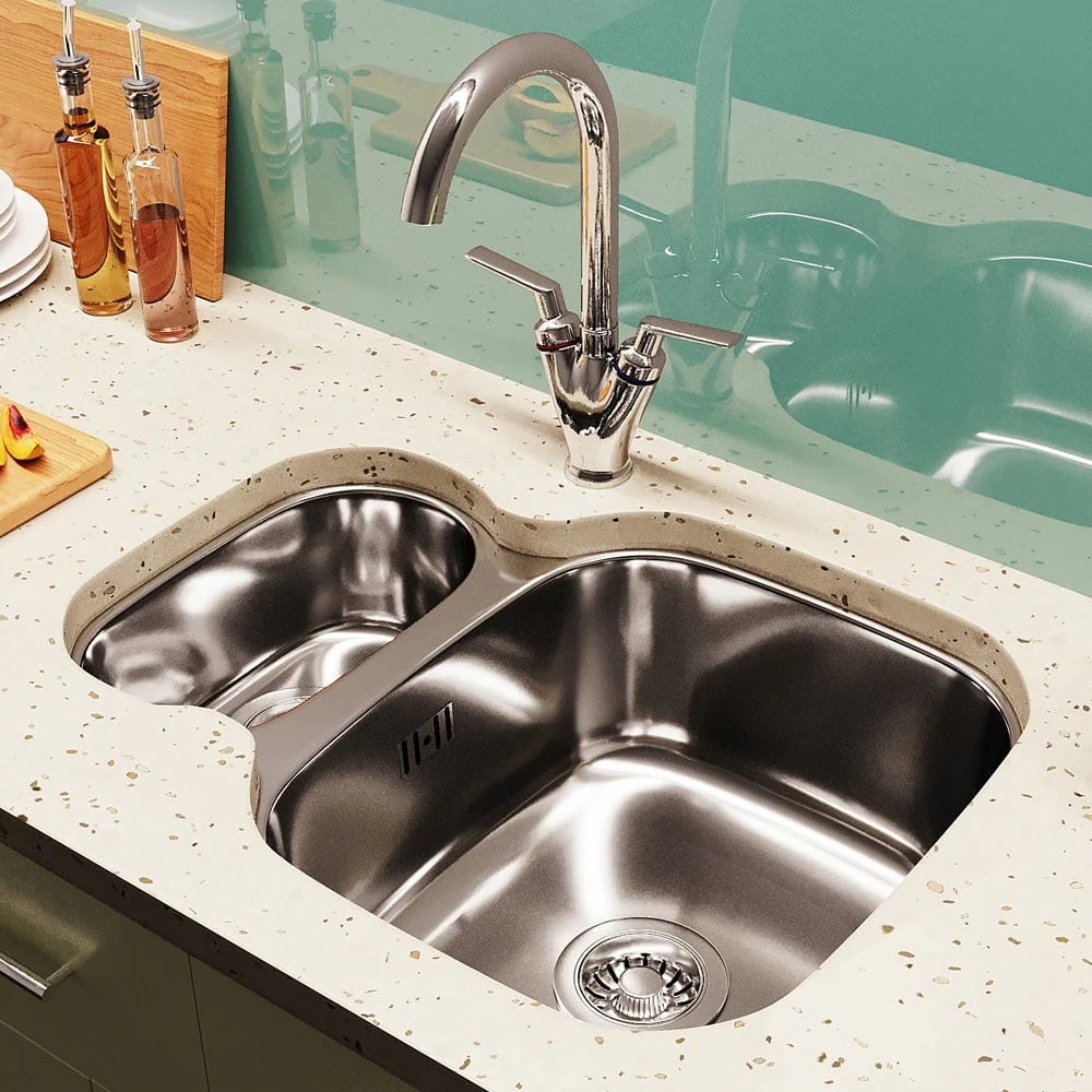 Astini Renzo 1.5 Bowl Brushed Stainless Steel Undermount Kitchen Sink & Waste - Image 3