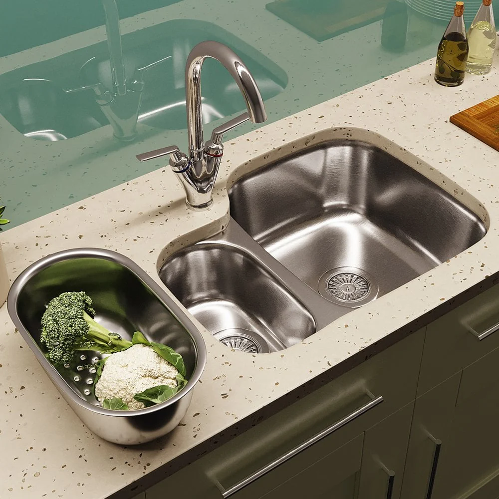 Astini Renzo 1.5 Bowl Brushed Stainless Steel Undermount Kitchen, Sink Waste & Colander LHSB - Image 2
