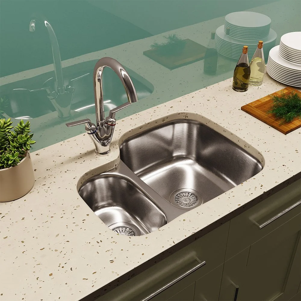 Astini Renzo 1.5 Bowl Brushed Stainless Steel Undermount Kitchen, Sink Waste & Colander LHSB - Image 4