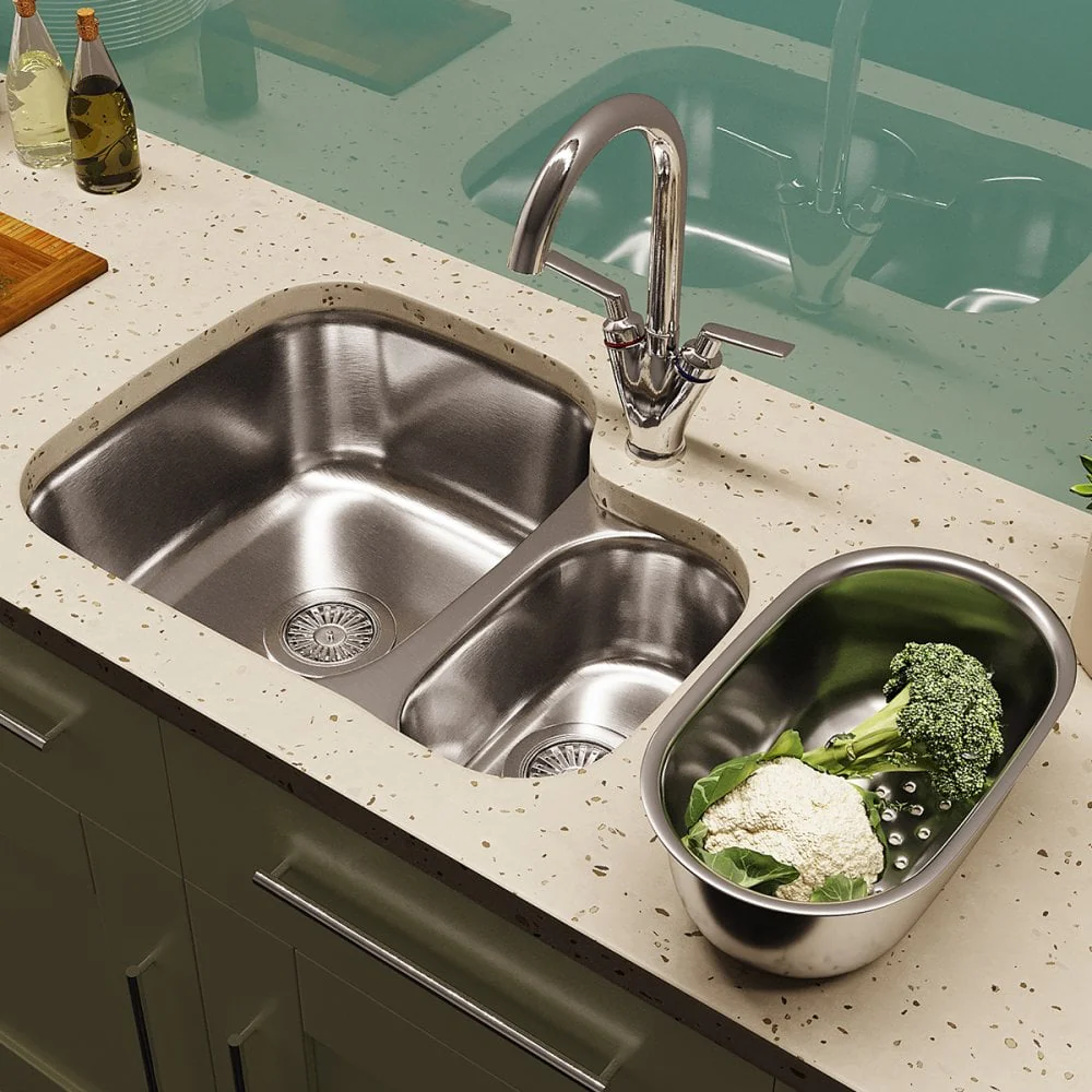 Astini Renzo 1.5 Bowl Brushed Stainless Steel Undermount Kitchen, Sink Waste & Colander RHSB - Image 2
