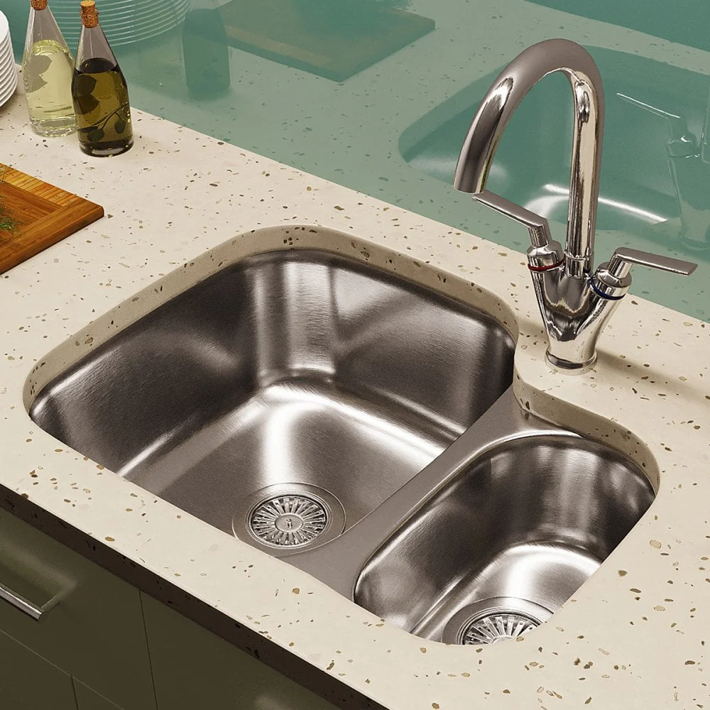 Astini Renzo 1.5 Bowl Brushed Stainless Steel Undermount Kitchen, Sink Waste & Colander RHSB - Image 3