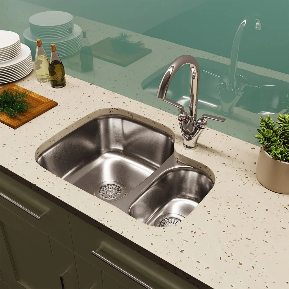 Astini Renzo 1.5 Bowl Brushed Stainless Steel Undermount Kitchen, Sink Waste & Colander RHSB - Image 4