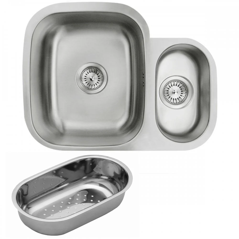 Astini Renzo 1.5 Bowl Brushed Stainless Steel Undermount Kitchen, Sink Waste & Colander RHSB - Image 6