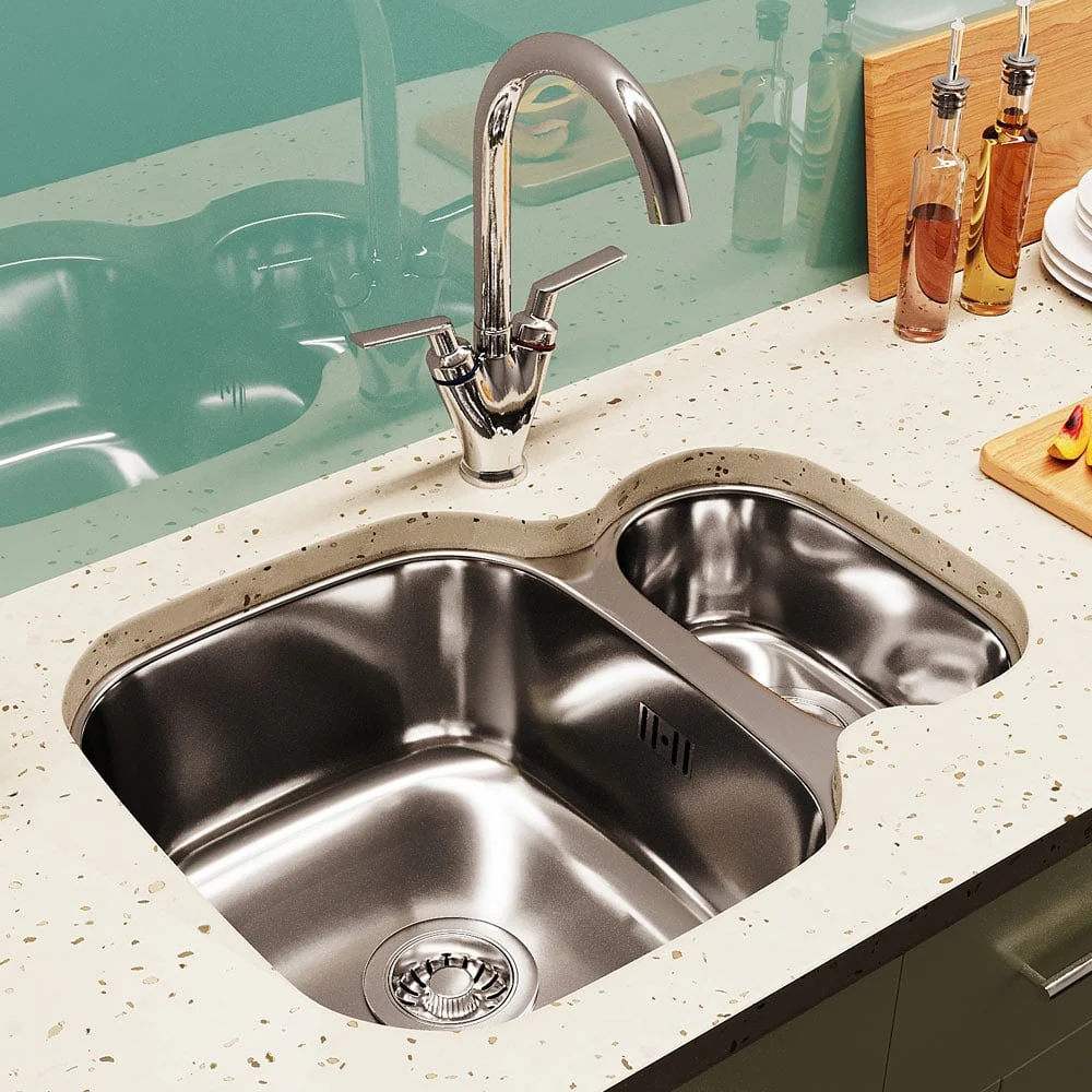 Astini Renzo 1.5 Bowl Brushed Stainless Steel Undermount Reversible Kitchen Sink, Waste & Colander - Image 2