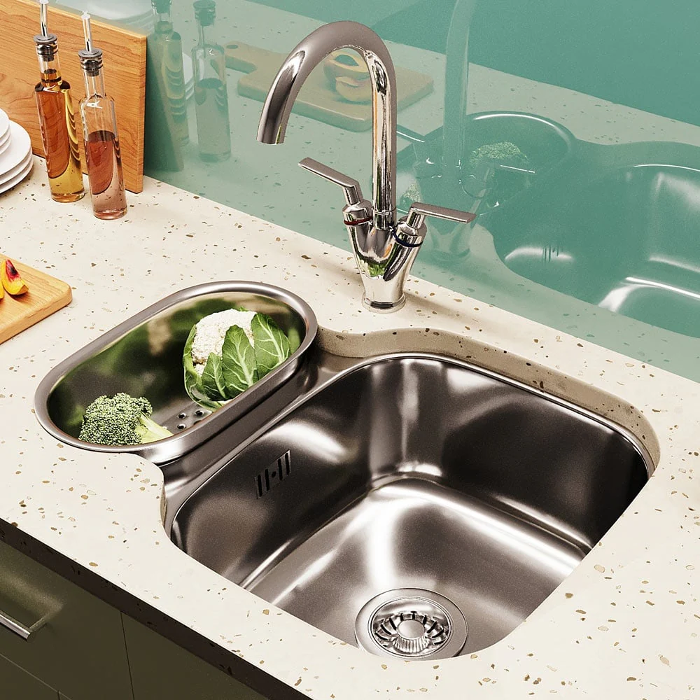 Astini Renzo 1.5 Bowl Brushed Stainless Steel Undermount Reversible Kitchen Sink, Waste & Colander - Image 3