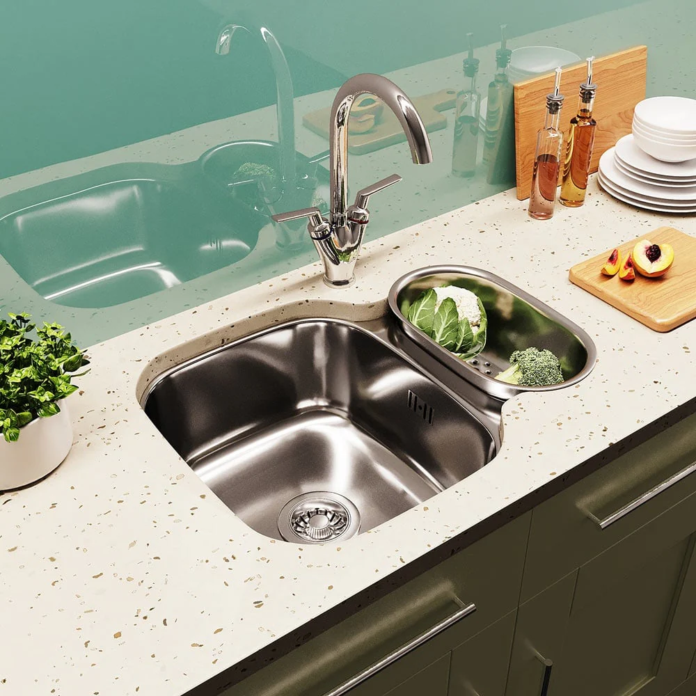 Astini Renzo 1.5 Bowl Brushed Stainless Steel Undermount Reversible Kitchen Sink, Waste & Colander - Image 5