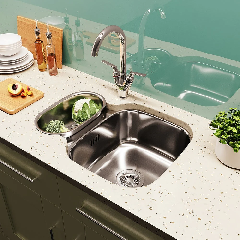 Astini Renzo 1.5 Bowl Brushed Stainless Steel Undermount Reversible Kitchen Sink, Waste & Colander - Image 7