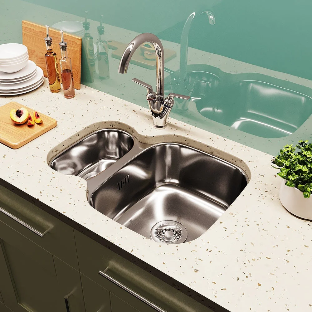 Astini Renzo 1.5 Bowl Brushed Stainless Steel Undermount Reversible Kitchen Sink, Waste & Colander - Image 8