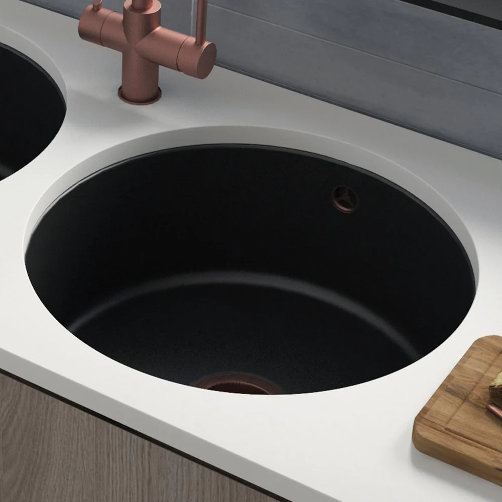 Astini Round Inset/Undermount 460 1.0 Bowl Matt Black Ceramic Kitchen Sink with Waste & Overflow - Image 2
