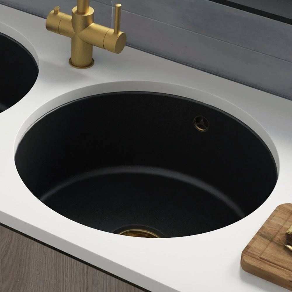 Astini Round Inset/Undermount 460 1.0 Bowl Matt Black Ceramic Kitchen Sink with Waste & Overflow - Image 3