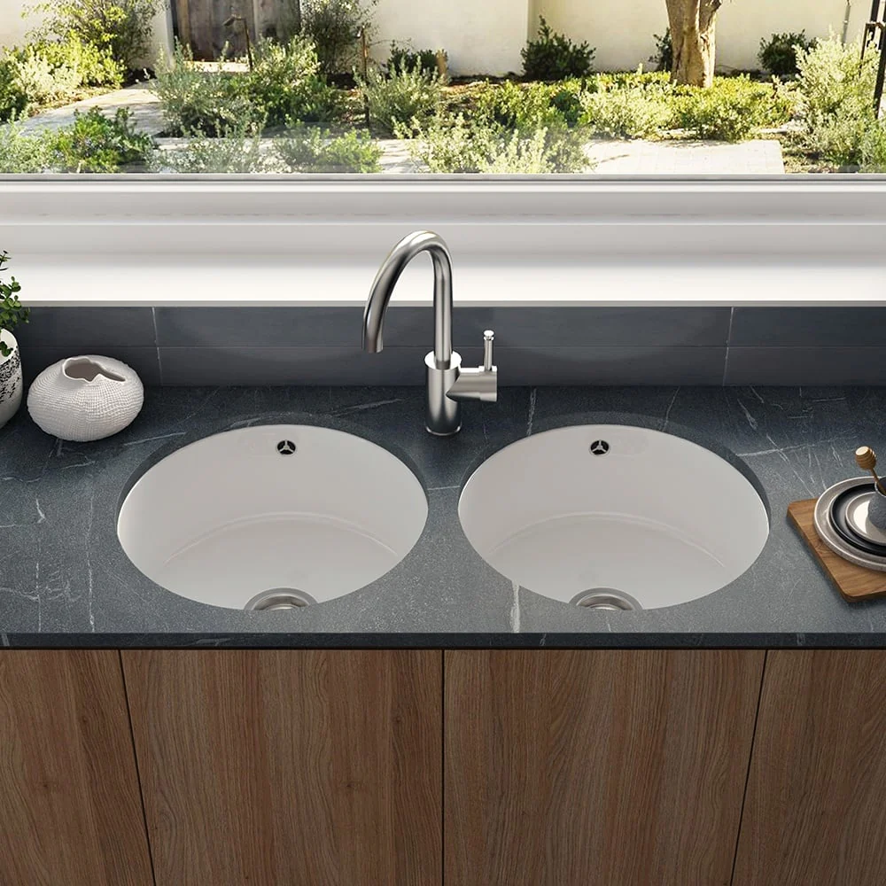 Astini Round Inset/Undermount 460 1.0 Bowl White Ceramic Kitchen Sink with Waste & Overflow - Image 5
