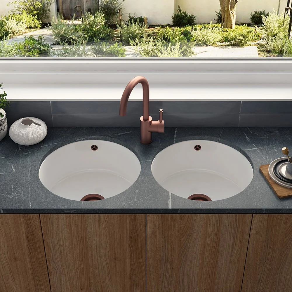 Astini Round Inset/Undermount 460 1.0 Bowl White Ceramic Kitchen Sink with Waste & Overflow - Image 6