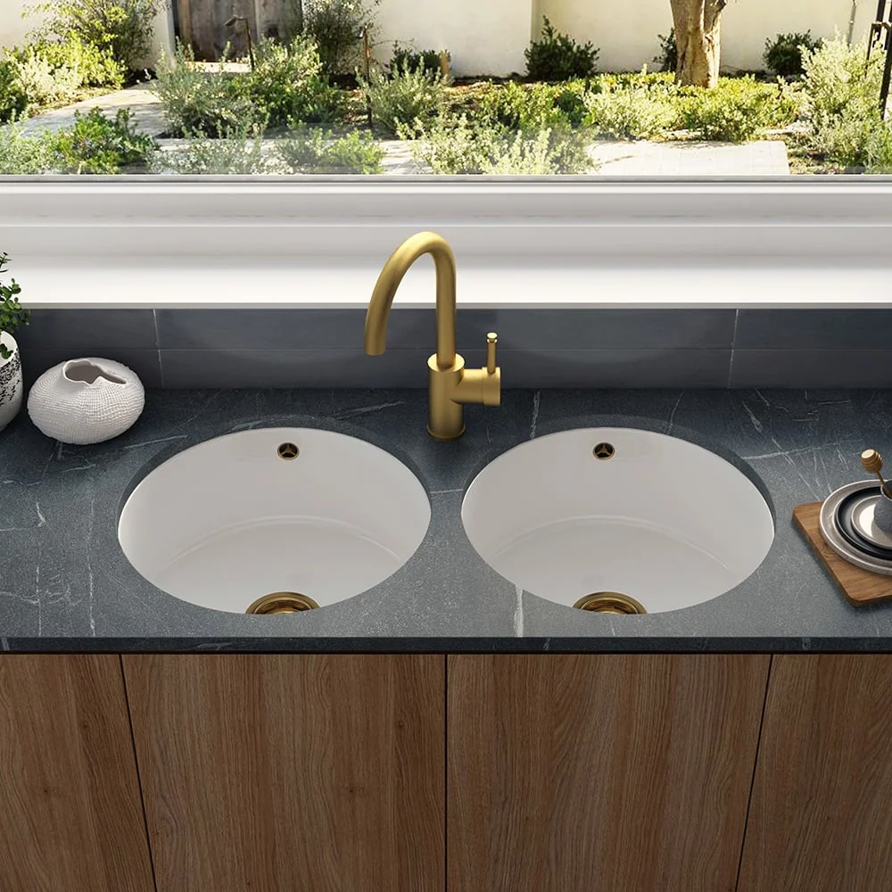 Astini Round Inset/Undermount 460 1.0 Bowl White Ceramic Kitchen Sink with Waste & Overflow - Image 8
