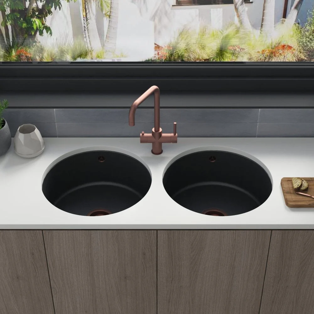 Astini Round Inset/Undermount 460 2.0 Bowl Matt Black Ceramic Kitchen Sink with Waste & Overflow - Image 2