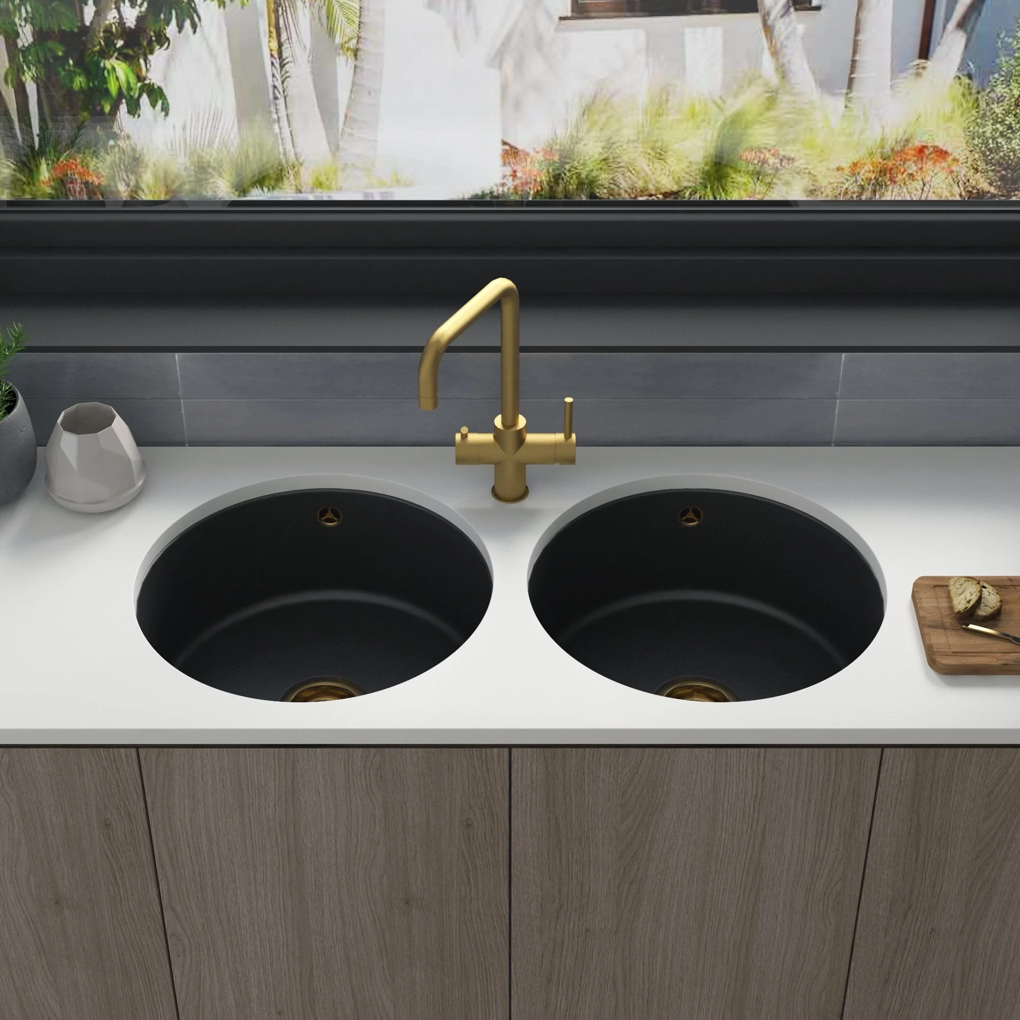 Astini Round Inset/Undermount 460 2.0 Bowl Matt Black Ceramic Kitchen Sink with Waste & Overflow - Image 3