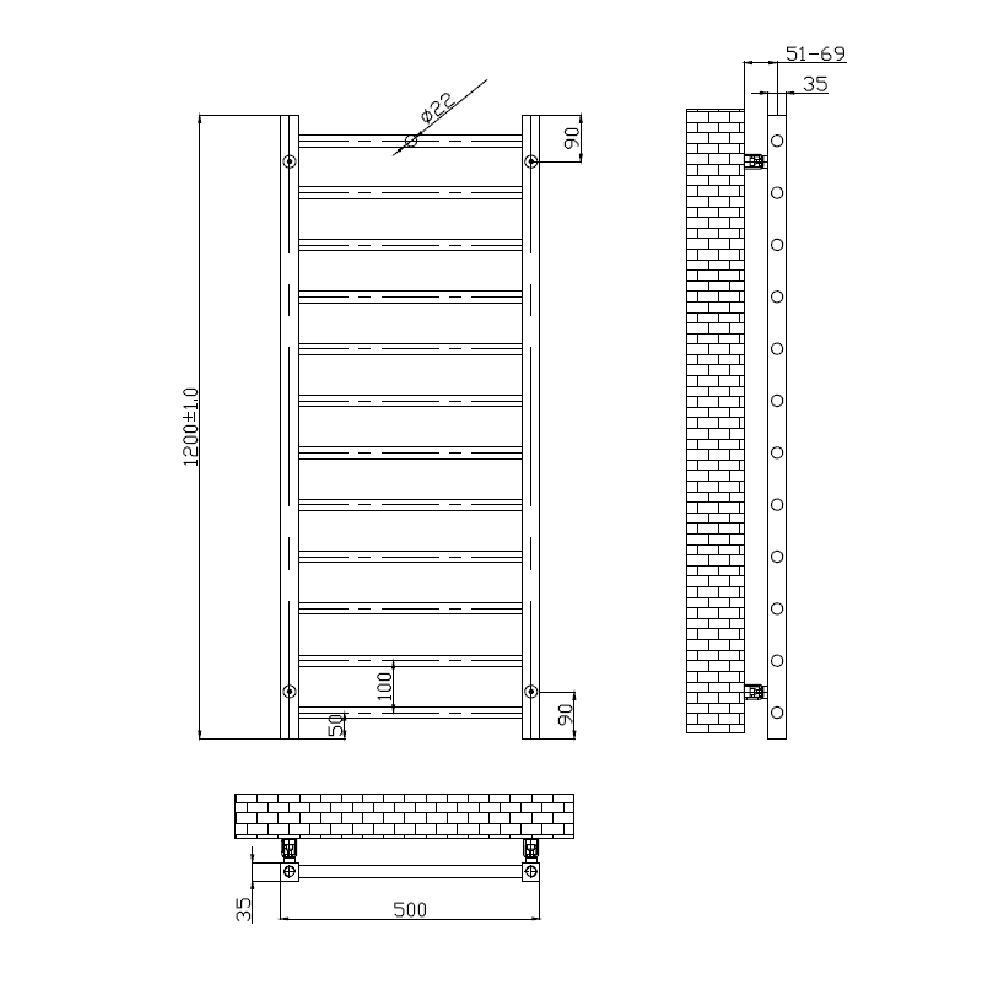Astini Sanson Brushed Brass 1200x500 Ladder Towel Rail - Image 2