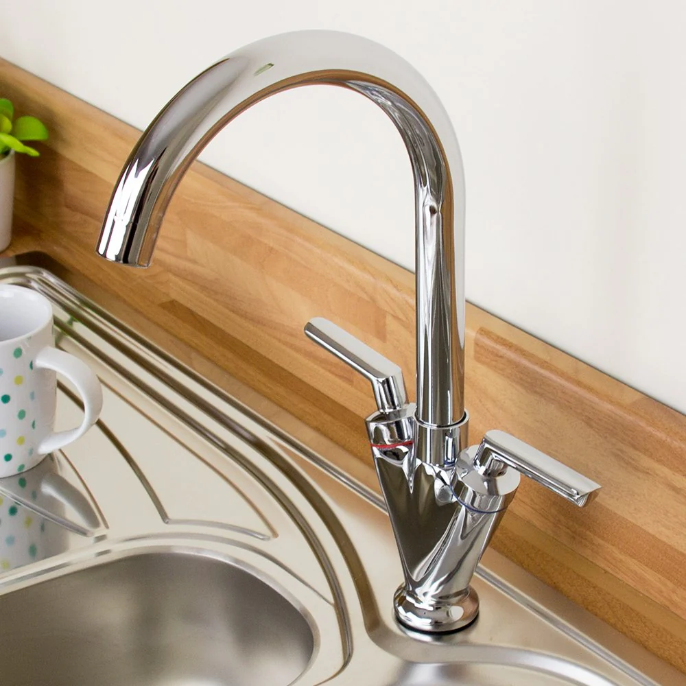 Astini Saturn Twin Handle Swivel Spout Kitchen Sink Mixer Tap with Brushed Steel and Chrome Finish - Image 2