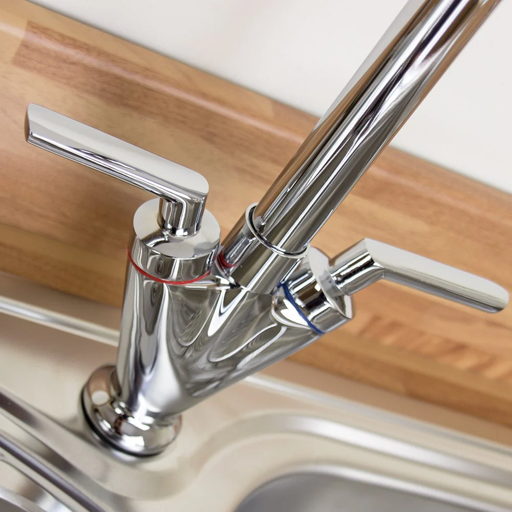 Astini Saturn Twin Handle Swivel Spout Kitchen Sink Mixer Tap with Brushed Steel and Chrome Finish - Image 3
